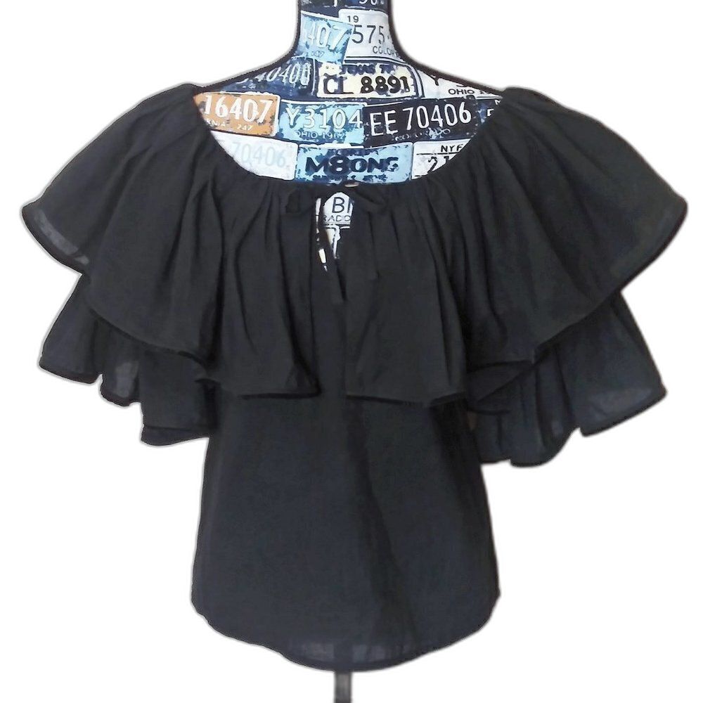 RHODE RESORT Blanca Off Shoulder Tiered Ruffle Top Cotton-Voile Neck Tie Black - Picture 9 of 12